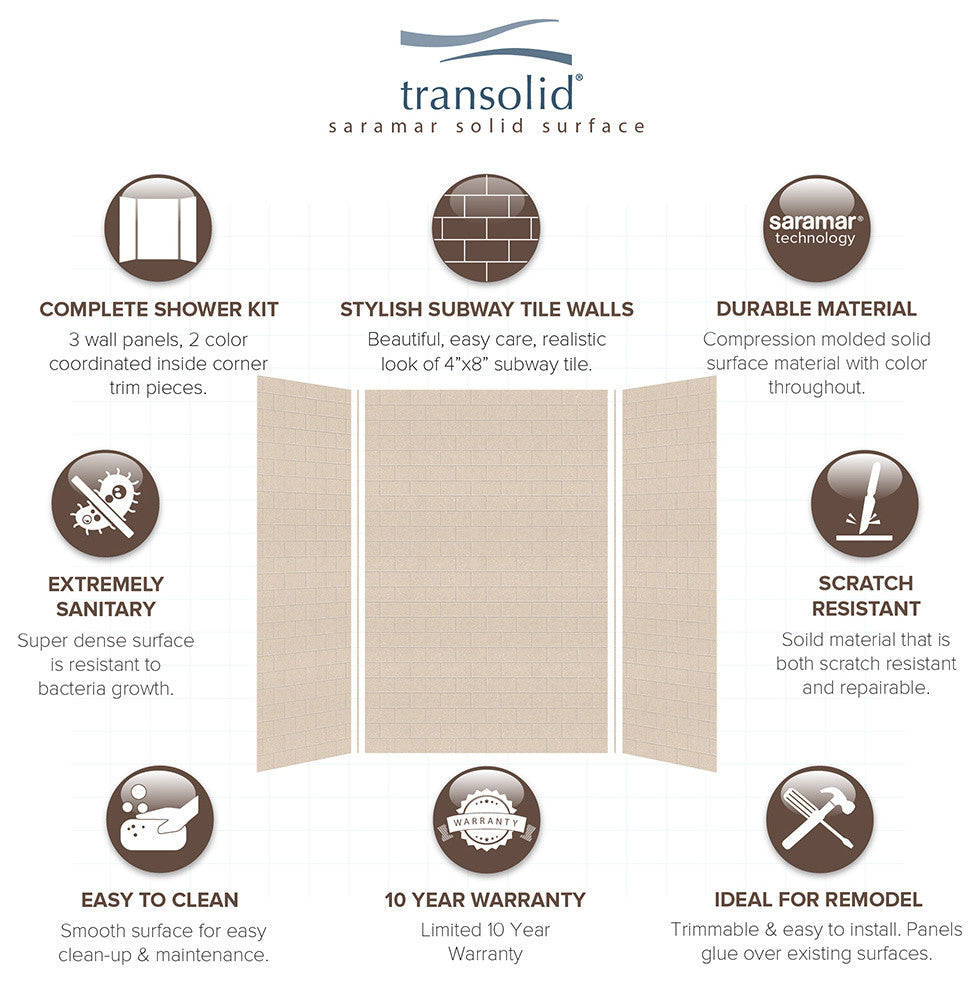 Transolid SaraMar 36" X 60" X 96" Glue to Wall 3-Piece Shower Wall Kit, Cashew