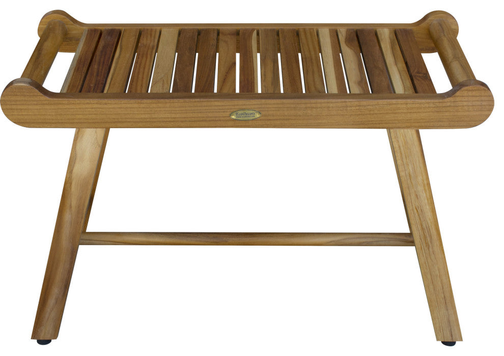 HomeRoots Rectangular Teak Shower Bench With Handles, Natural Finish