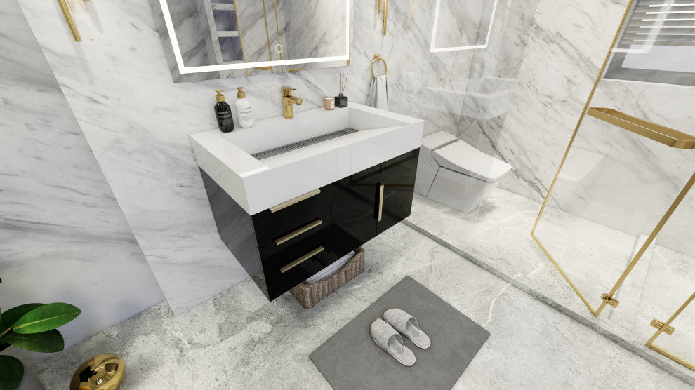 Madison 36" Wall Mounted Vanity With Reinforced Acrylic Sink, High Gloss Black