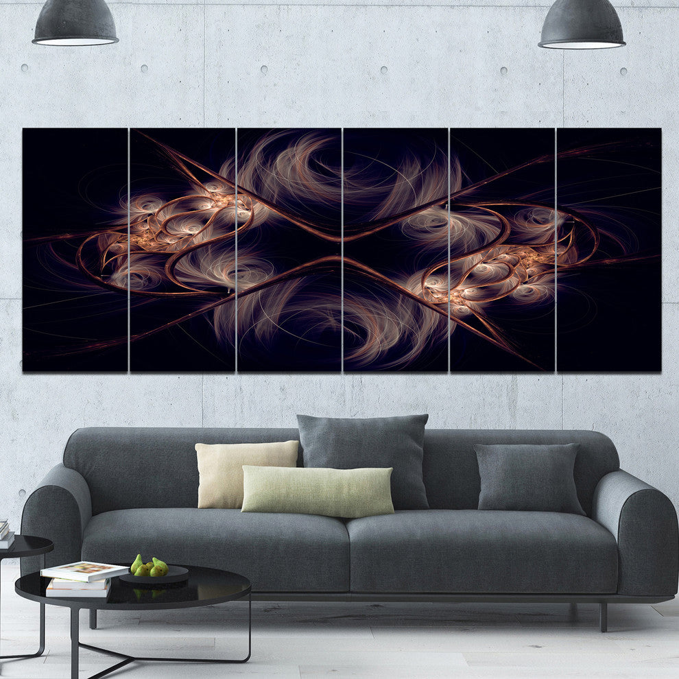 Dark Gold Fractal Flower Pattern, Abstract Wall Art Canvas, 70"x28", 6 Panels