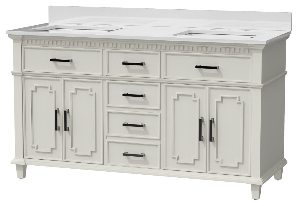 60''Wood Bathroom Vanity Set, With Drawers, Marble Top And Undermount Sink, White