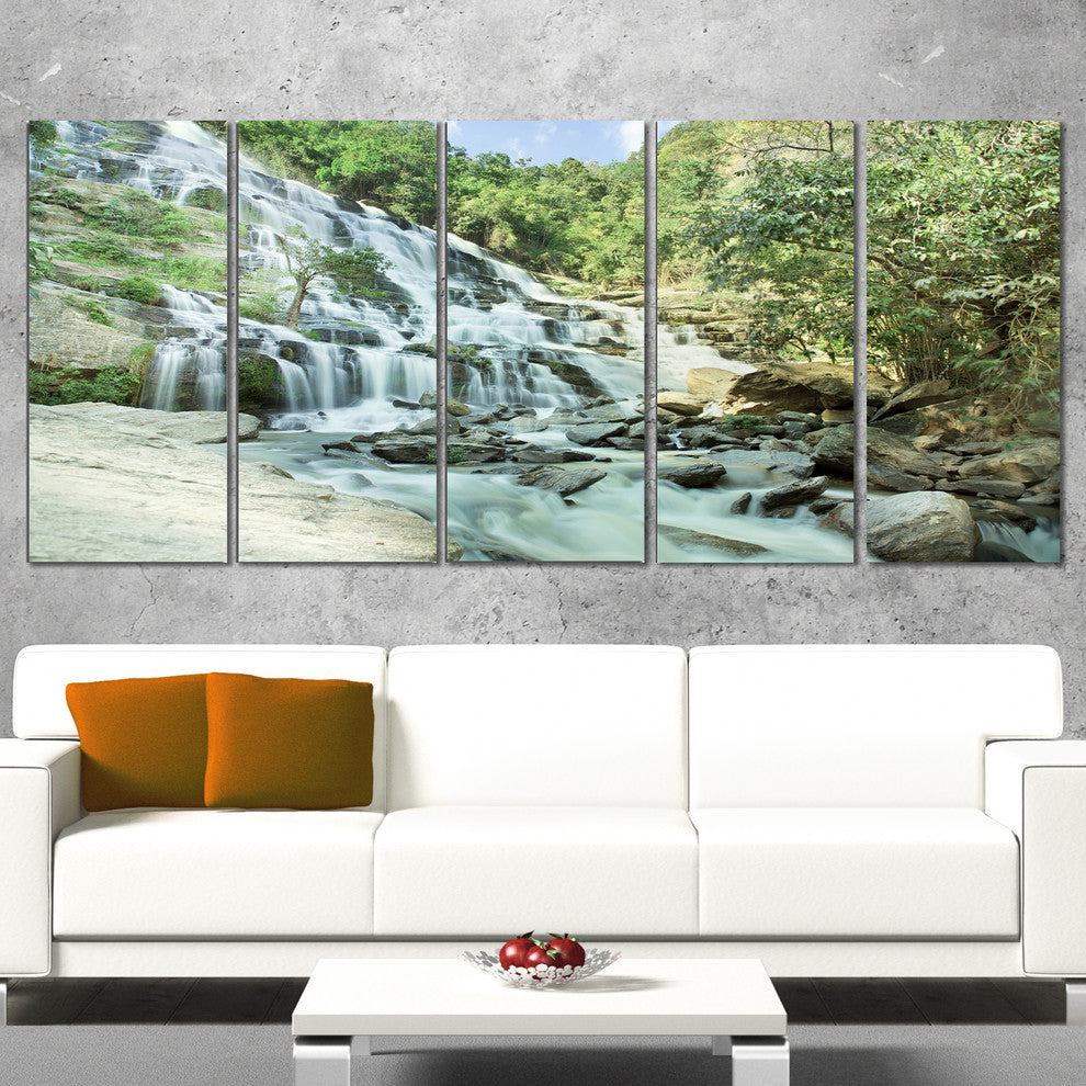 "Maeyar Waterfall in Rain" Landscape Canvas Photo Print, 5 Panels, 60"x28"
