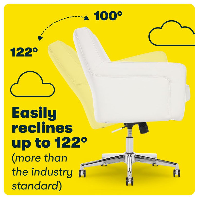 Swivel Office Chair, Memory Foam Seat & Button Tufted Back, White Faux Leather