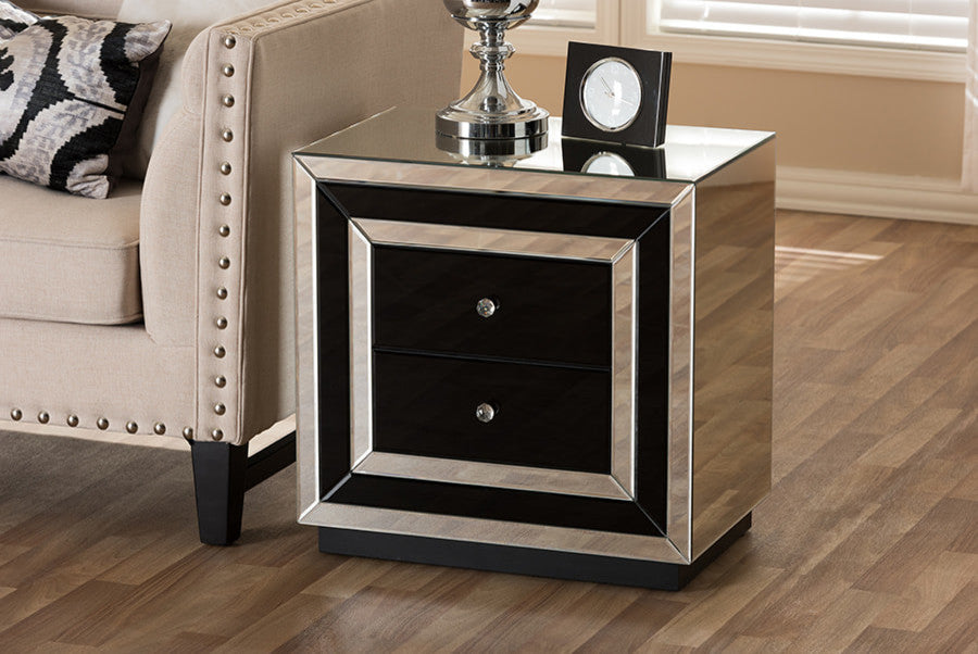 Cecilia HollyWood Regency Glamour Style Mirrored 2-Drawer Nightstand