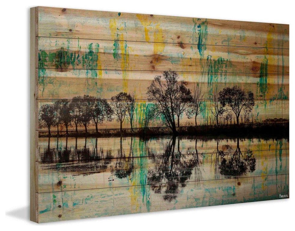 "Green/Yellow Splashes" Painting Print on Natural Pine Wood, 60"x40"