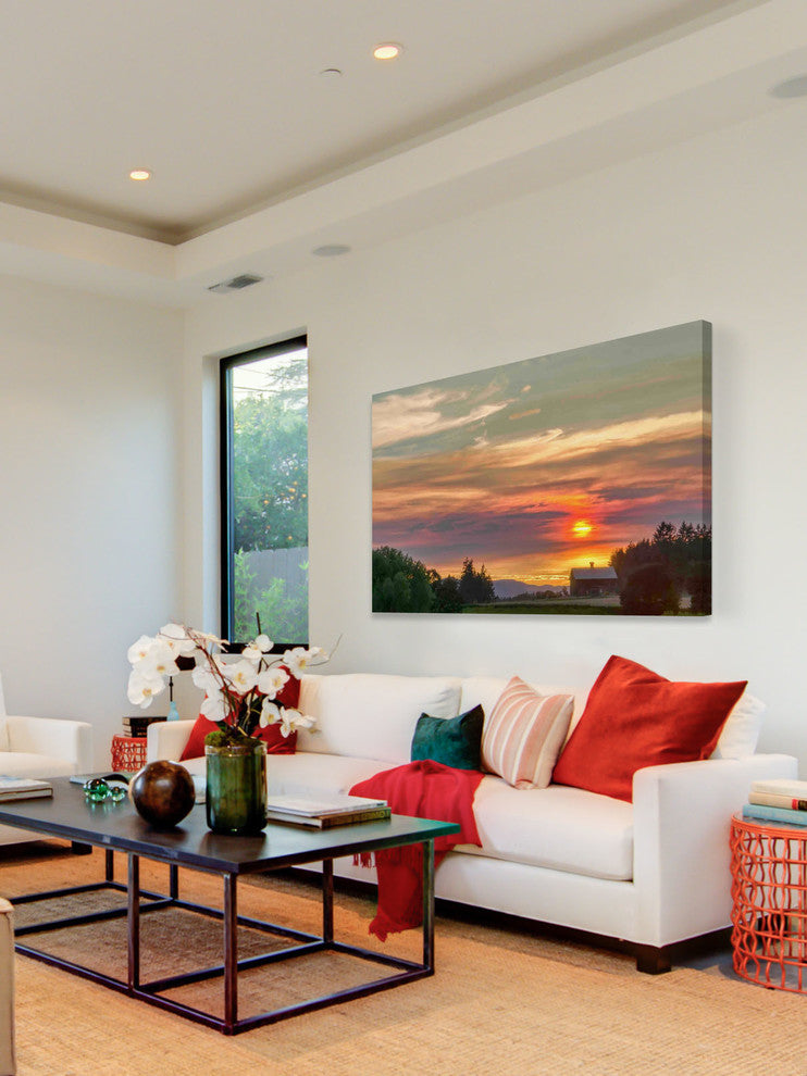 "Barn on the Ridge at Sunset" Painting Print on Canvas