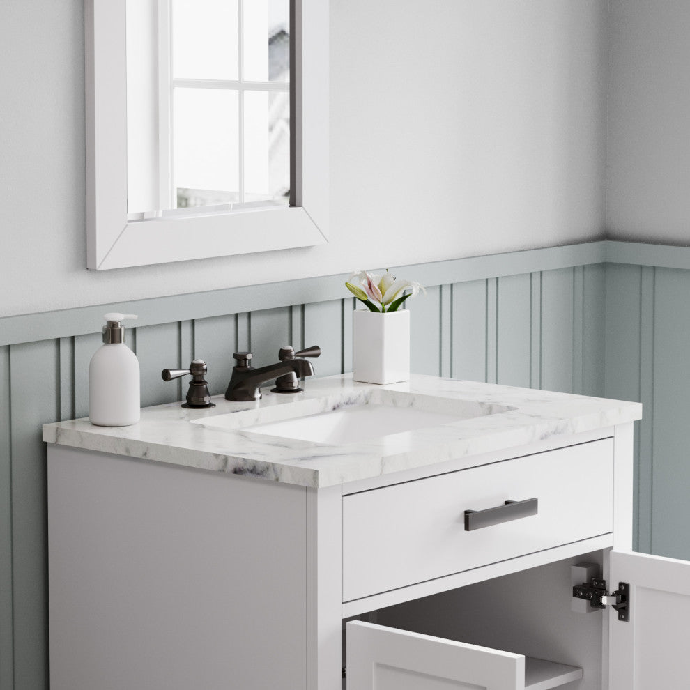 Hartford 30" Single Sink Marble Countertop Bath Vanity, White, Vanity Only