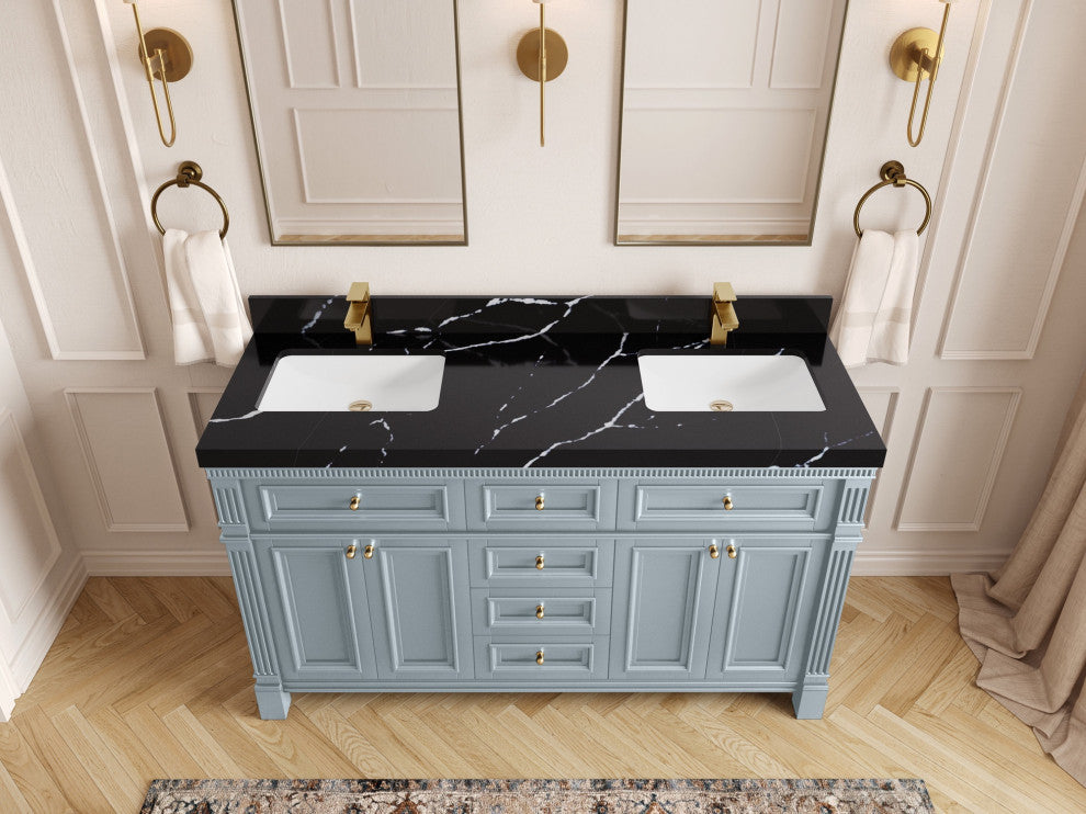 Paris 60" Double Sink Bathroom Vanity, Blue Heather 2" Calacatta Black