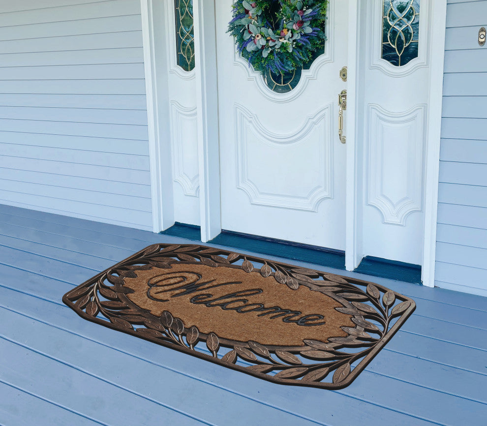 Natural Coir & Rubber 38x23, Thick Durable Doormats, Leaf Border Welcome Bronze