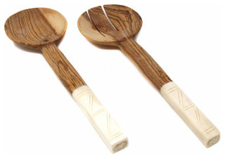 Olive Wood Serving Set, Natural White Bone Handles, Square Design