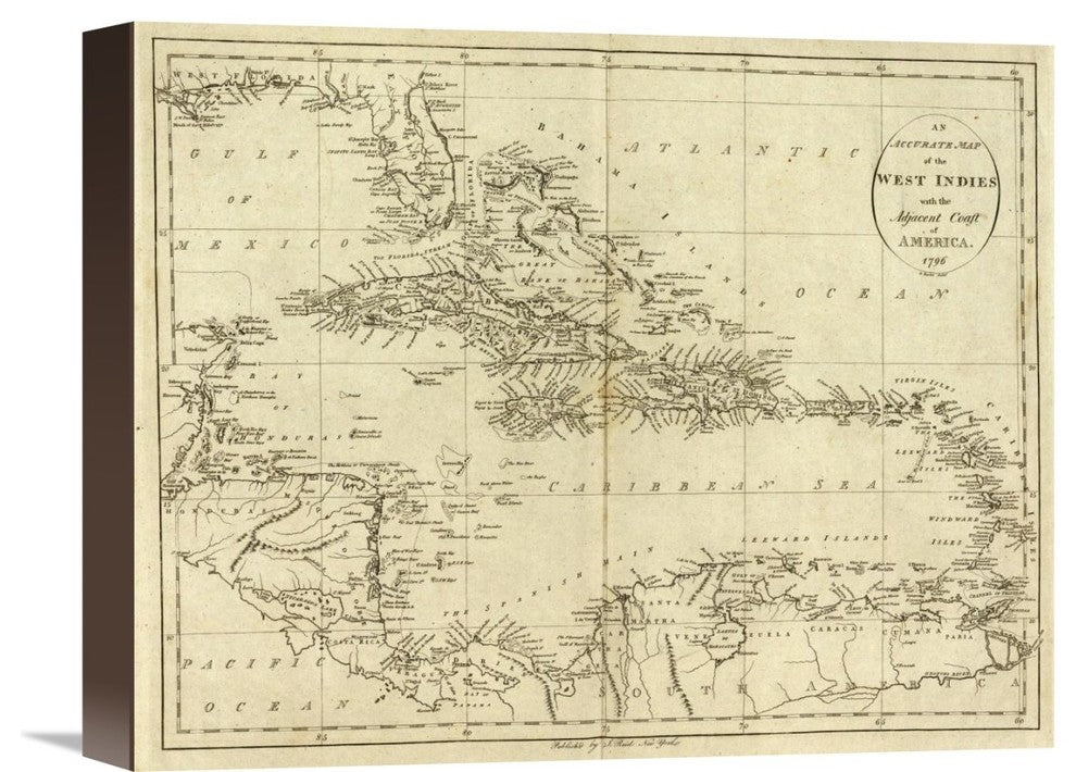 "Map of the West Indies, 1796" Stretched Canvas Giclee by John Reid, 16"x13"