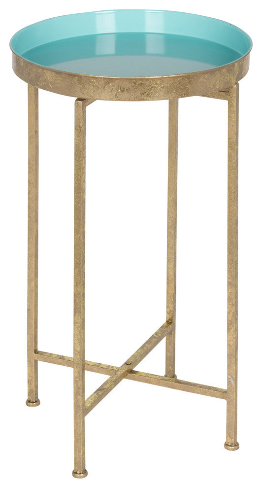 Kate and Laurel Celia Round Metal Foldable Tray Accent Table, Gold and Pastel Te