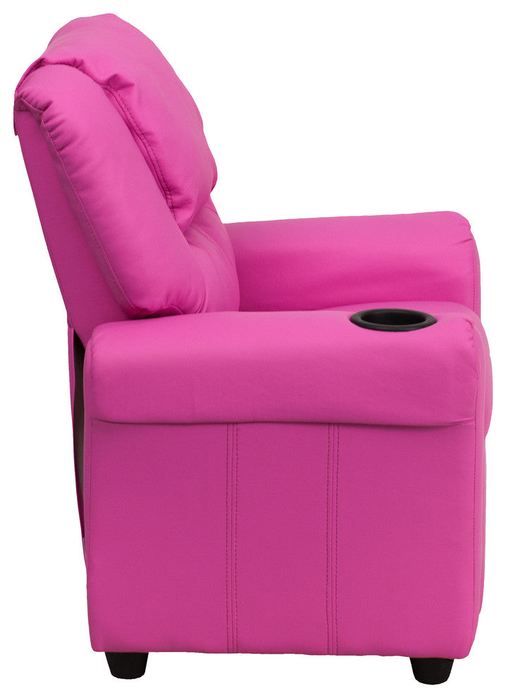 Contemporary Hot Pink Vinyl Kids Recliner With Cup Holder and Headrest