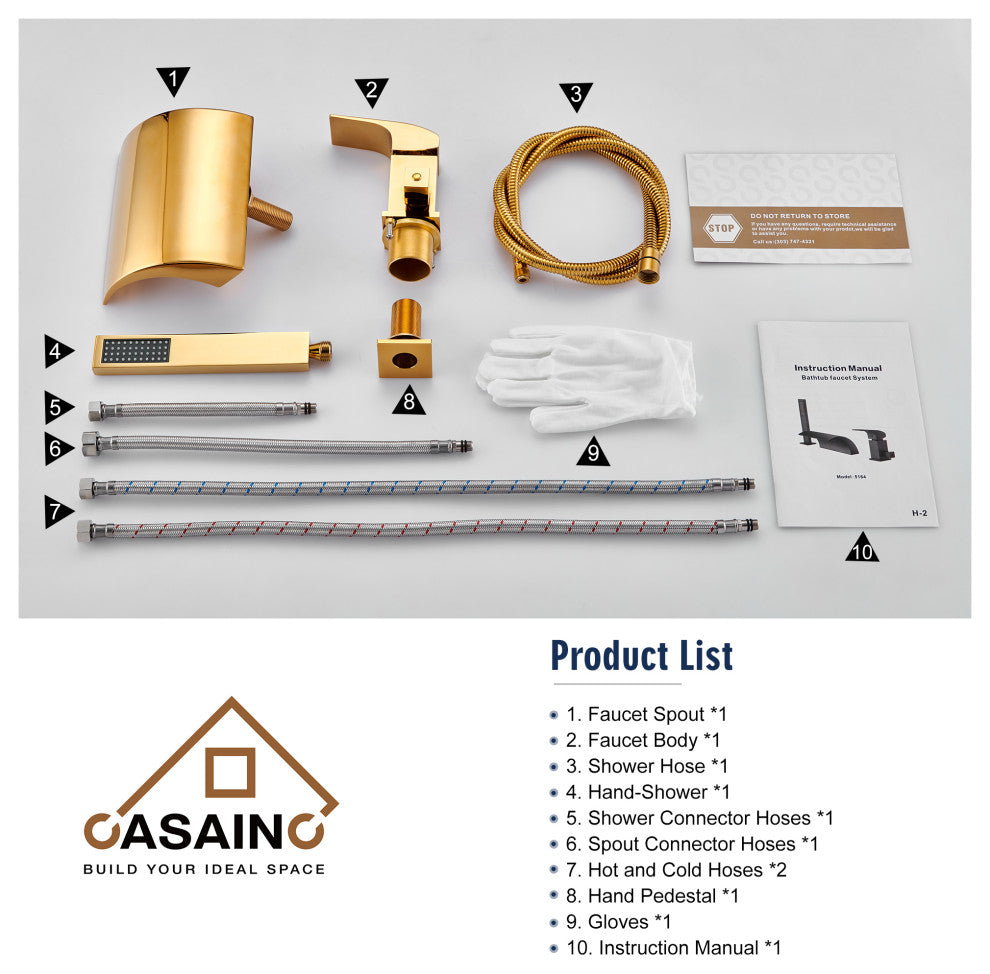 CASAINC Roman Tub Luxury Waterfall Faucet Set Spout w Hand Shower, Gold