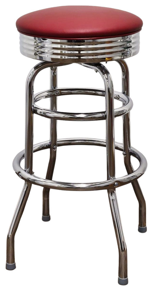 Retro Home Double Ring Chrome Pan Swivel 30" Bar Stool, Wine