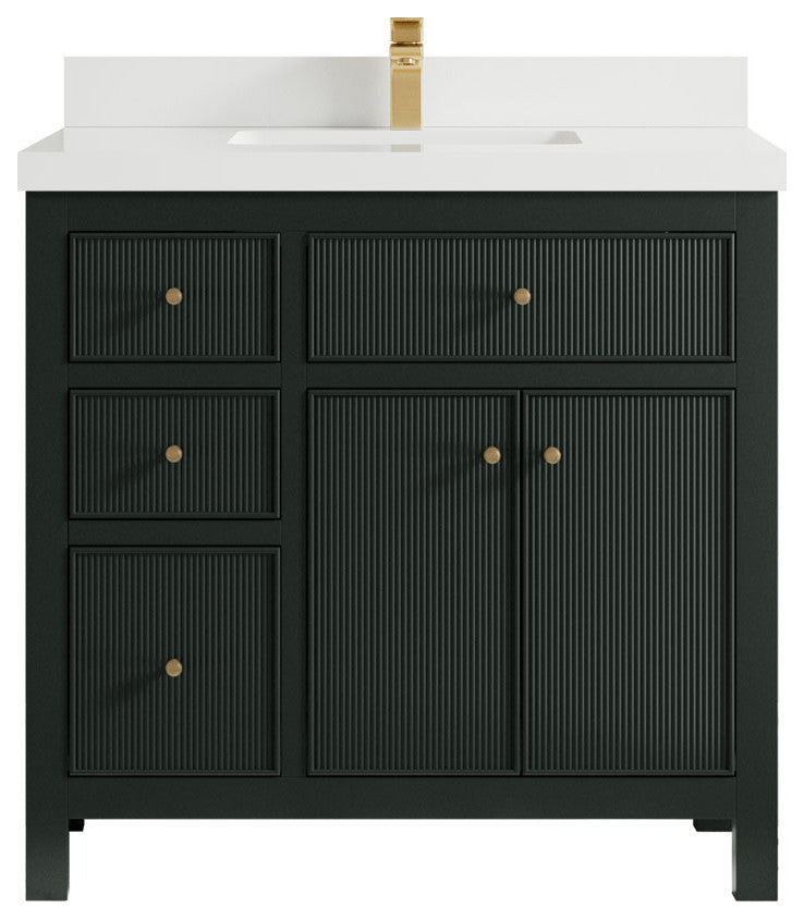 Sonoma 36 Center Sink Reeded Bath Vanity in Dark Forest Green 2" White Quartz