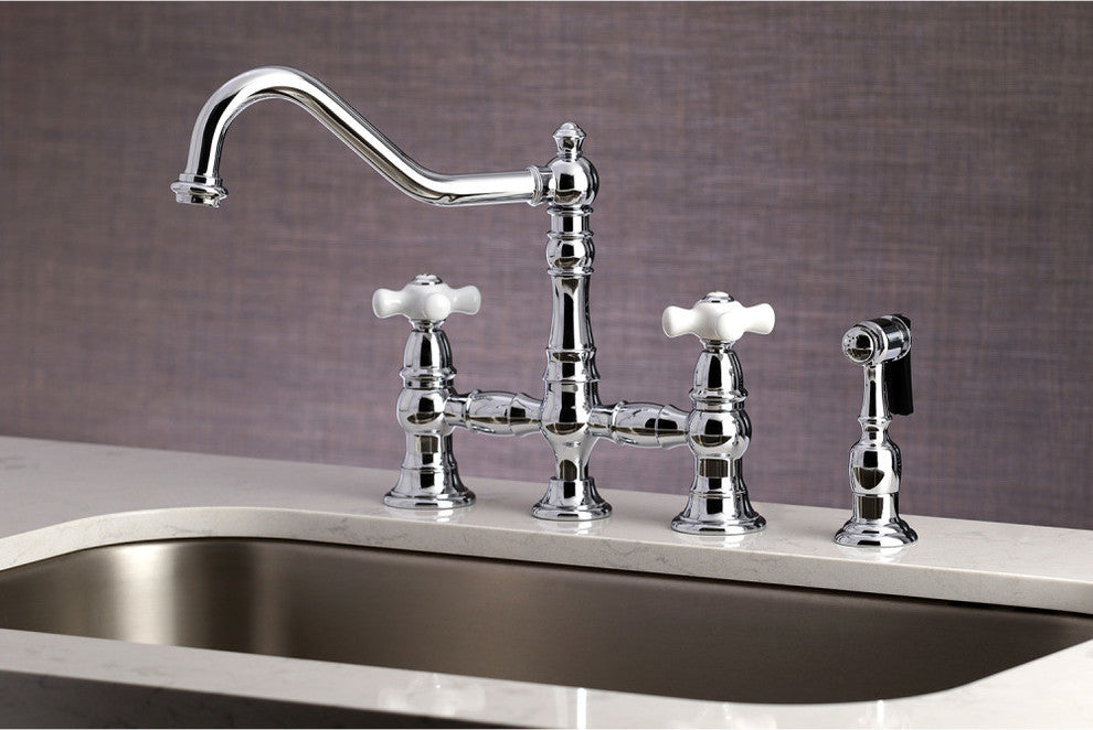Kingston Brass Bridge Kitchen Faucet With Sprayer, Polished Chrome
