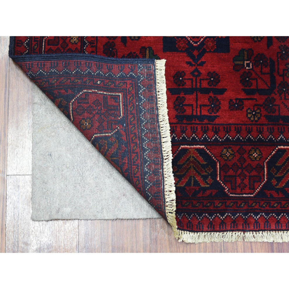 Red Afghan Khamyab Wool Tribal Design Hand Knotted Runner Rug, 2'9"x9'7"