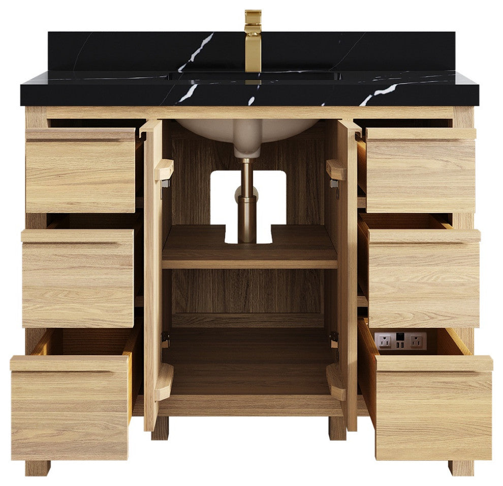 Elizabeth Oak 42" Single Sink Vanity, White 2" Calacatta Black
