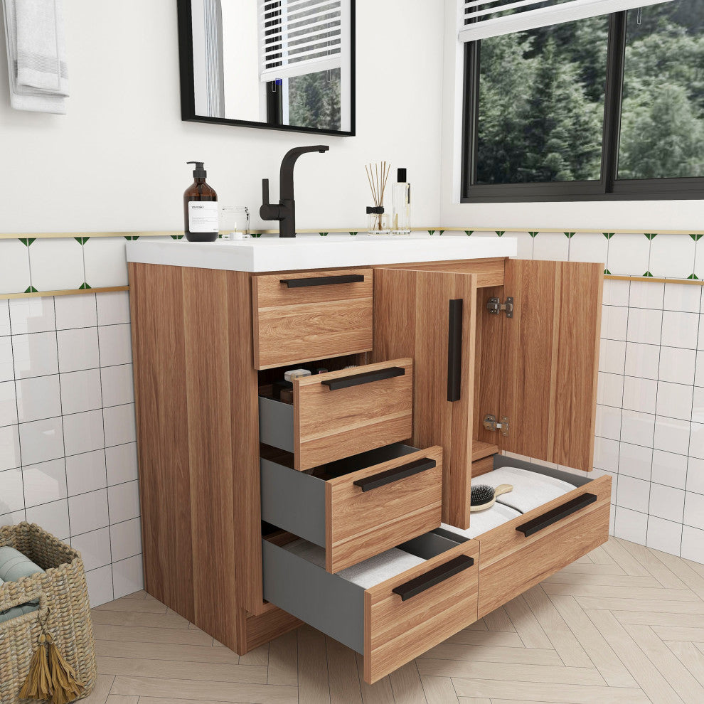 Carla 36" Freestanding Bathroom Vanity With Left Side Drawers, White Oak