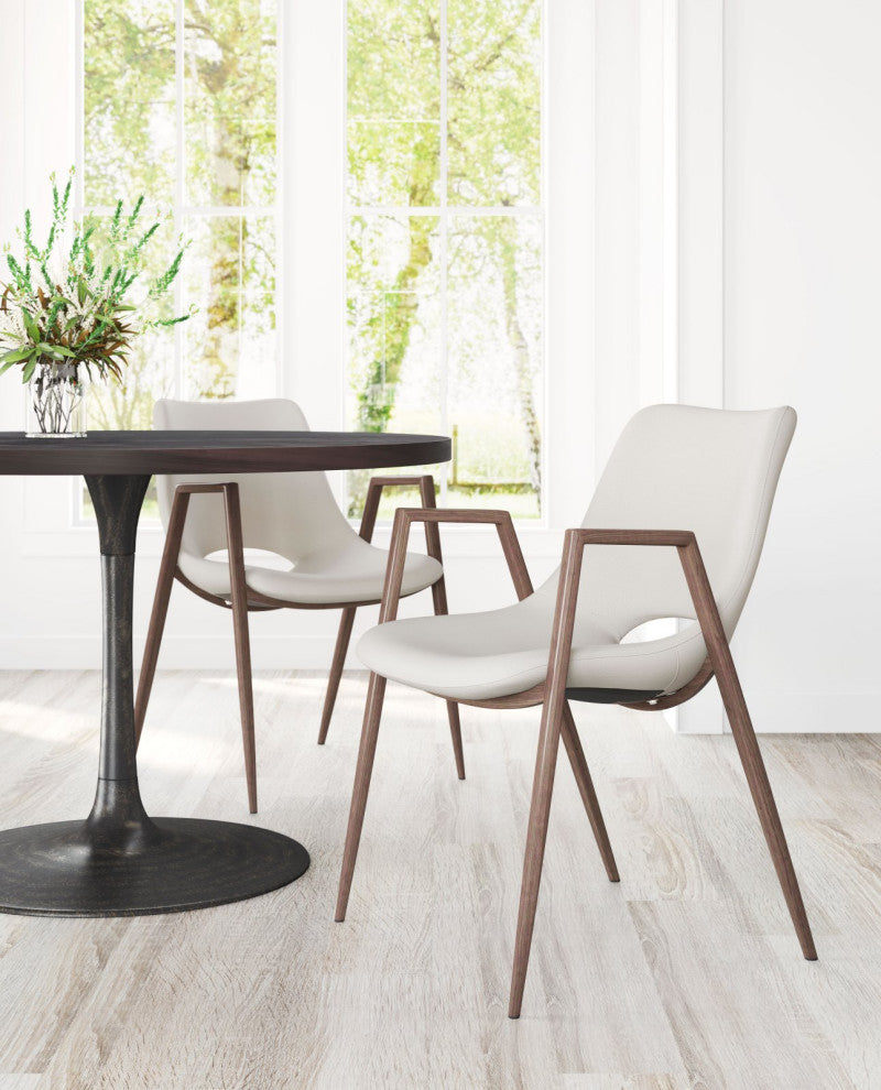 Dining Chair, Set of 2, Faux Vinyl Leather, Steel, Beige, Walnut, Mid Century