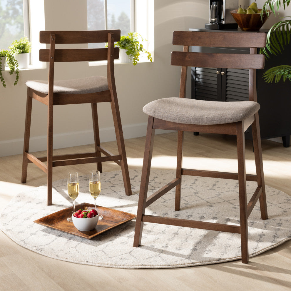 Clermiston Light Gray Fabric Walnut 2-Piece Wood Counter Stool Set