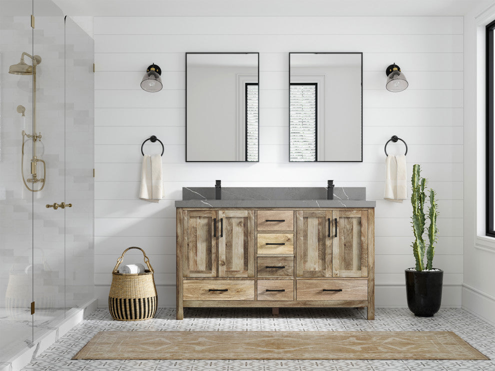 Malibu Mango 60 Double Sink Bathroom Vanity in Natural 2" Piatra Gray