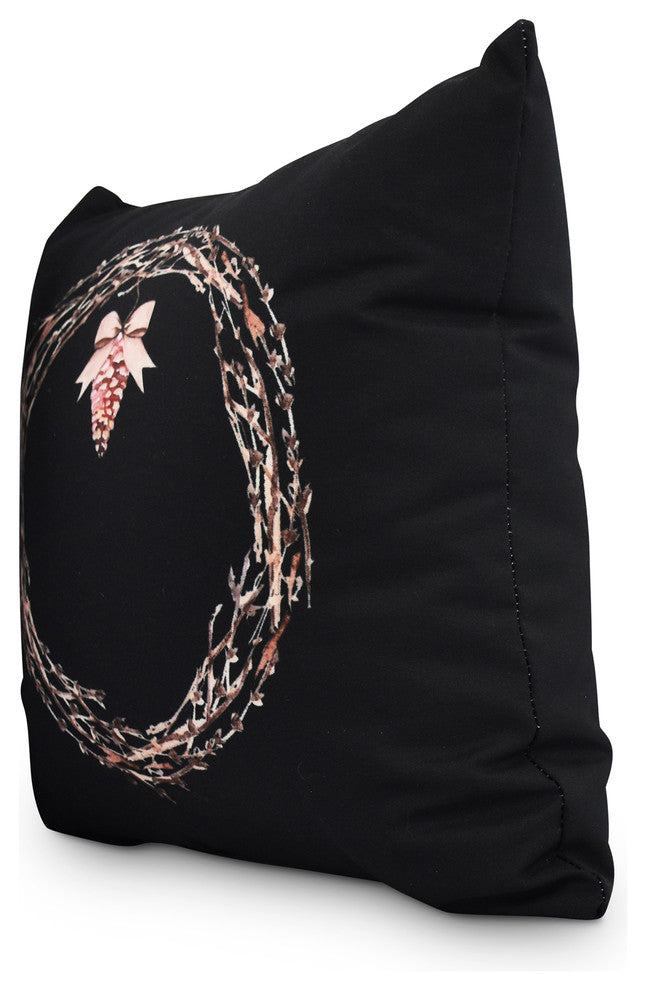 Natural Wreath 16" Black Holiday Print Decorative Throw Pillow