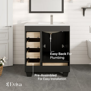 Eviva Happy 30"Wx18"D Bathroom Vanity, White Carrara Quartz Countertop