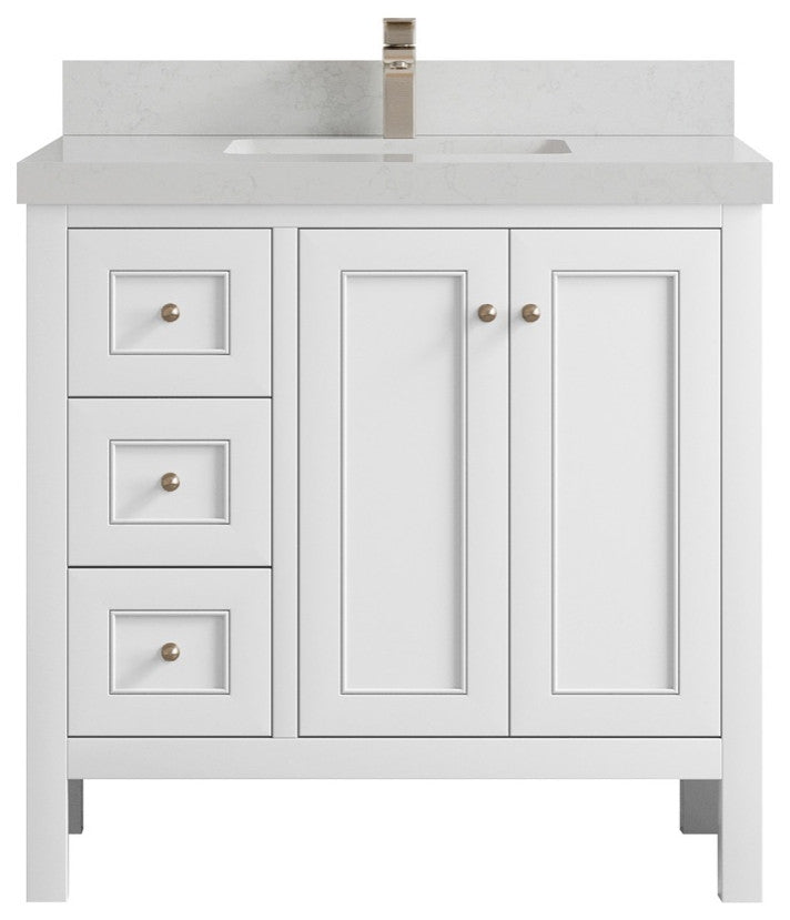 Nashville 36" Center Sink Bath Vanity, White 2" Carrara Quartz