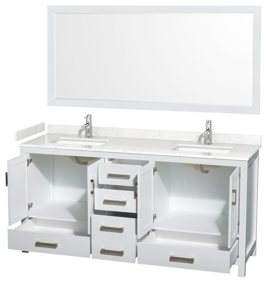 72"DBL Bathroom Vanity White, Carrara Cult. Marble Countertop, Sinks, 70" Mirror