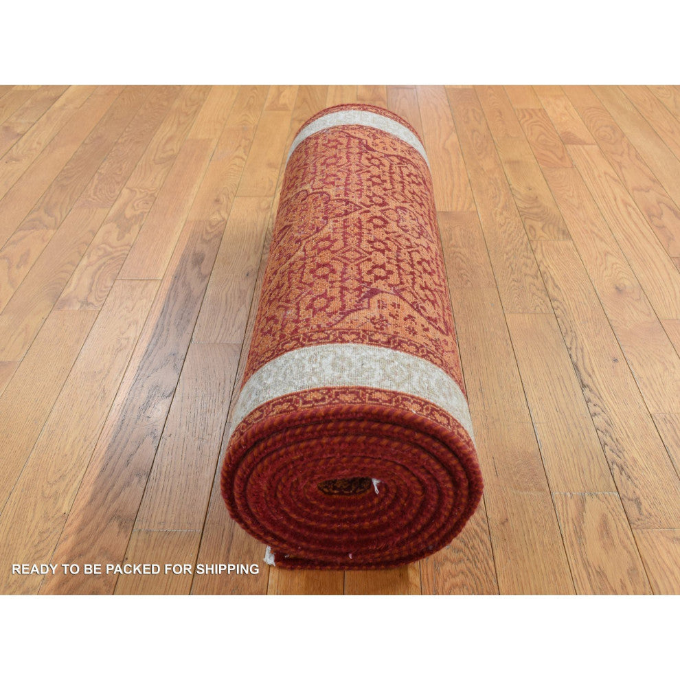 Pumpkin Orange Tabriz Mahi Wool Dense Weave Hand Knotted Runner Rug 2'9"x11'10"