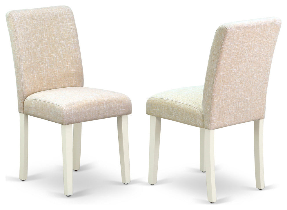 5Pc Rounded 42" Dining Table, Four Parson Chair, White Leg, Fabric Light Beige