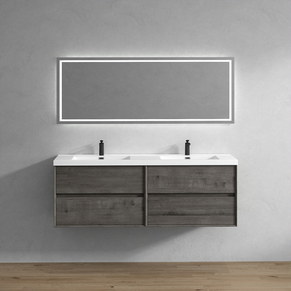 Kingdee Smoke Oak Wall Mounted Vanity With Reinforced Acrylic Sink, 72"