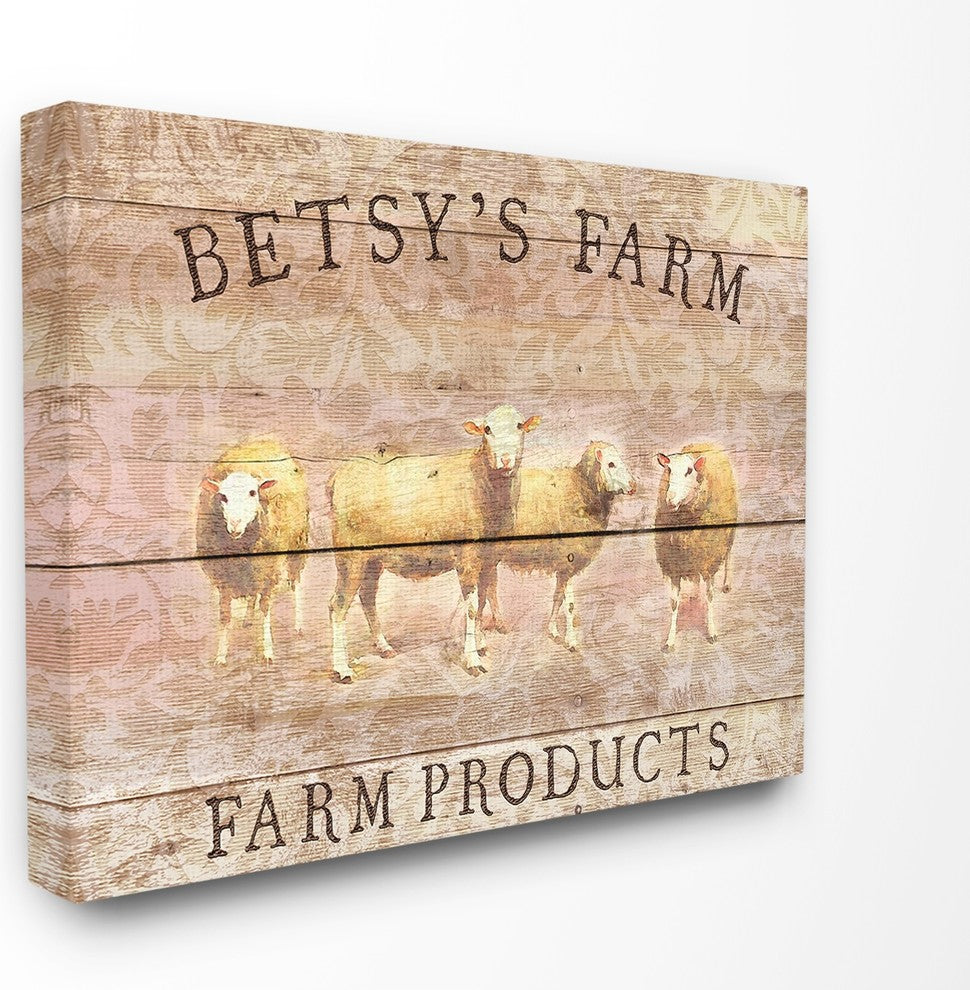 Sheep Illustration Betsy's Farm Sheep Planked Look Canvas Wall Art, 24"x30"