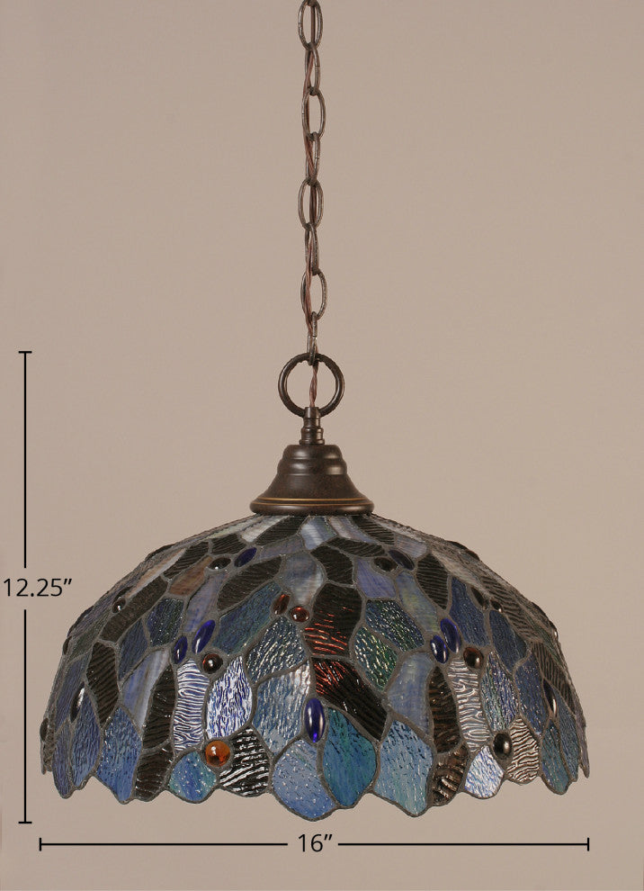 1-Light Chain Hung Pendant, Dark Granite/Blue Mosaic Art