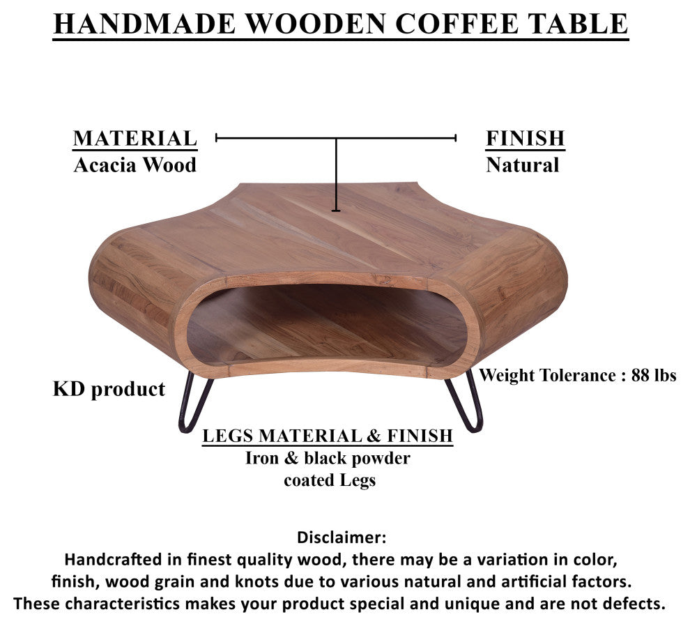 37" Coffee Table Hexagon Shape Open Shelf Acacia Wood Iron Legs Natural Brown