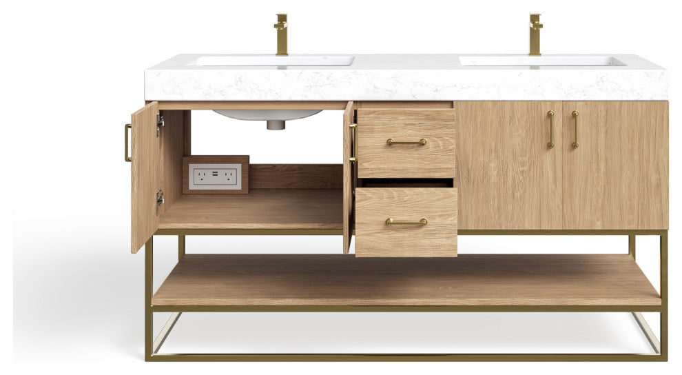 Bahia Bath Vanity, Oak, 60", Brushed Gold Hardware, Double, Freestanding