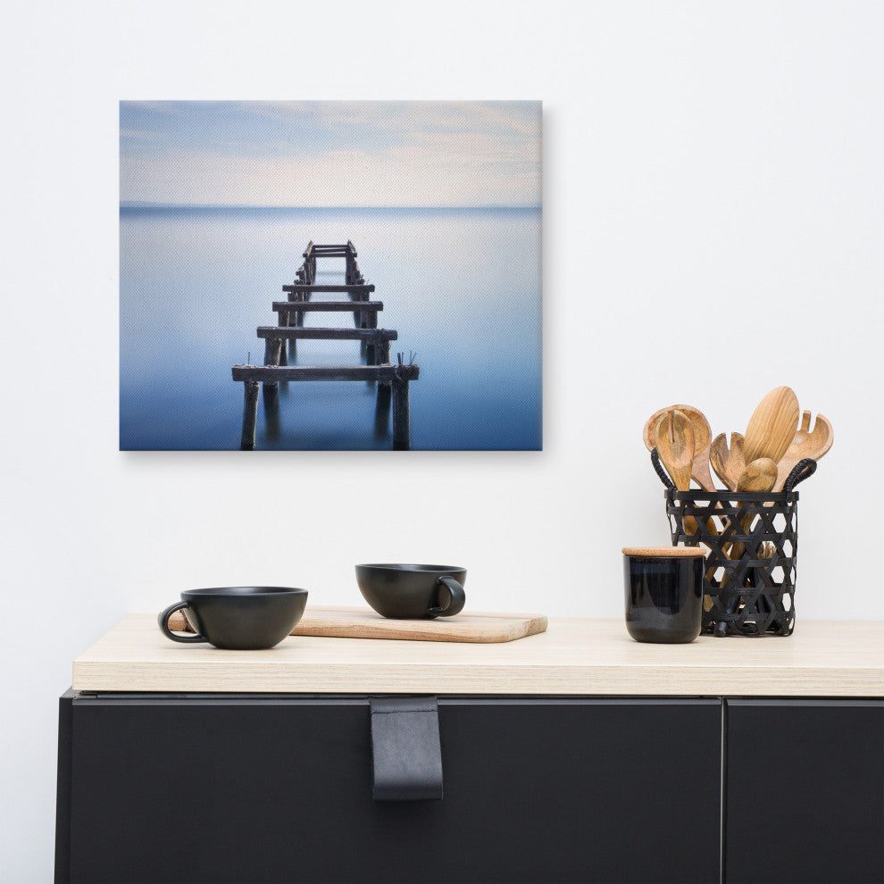Soft Blue Lake and Abandoned Pier Coastal Landscape Photo Canvas Wall Art Print, 16" X 20"