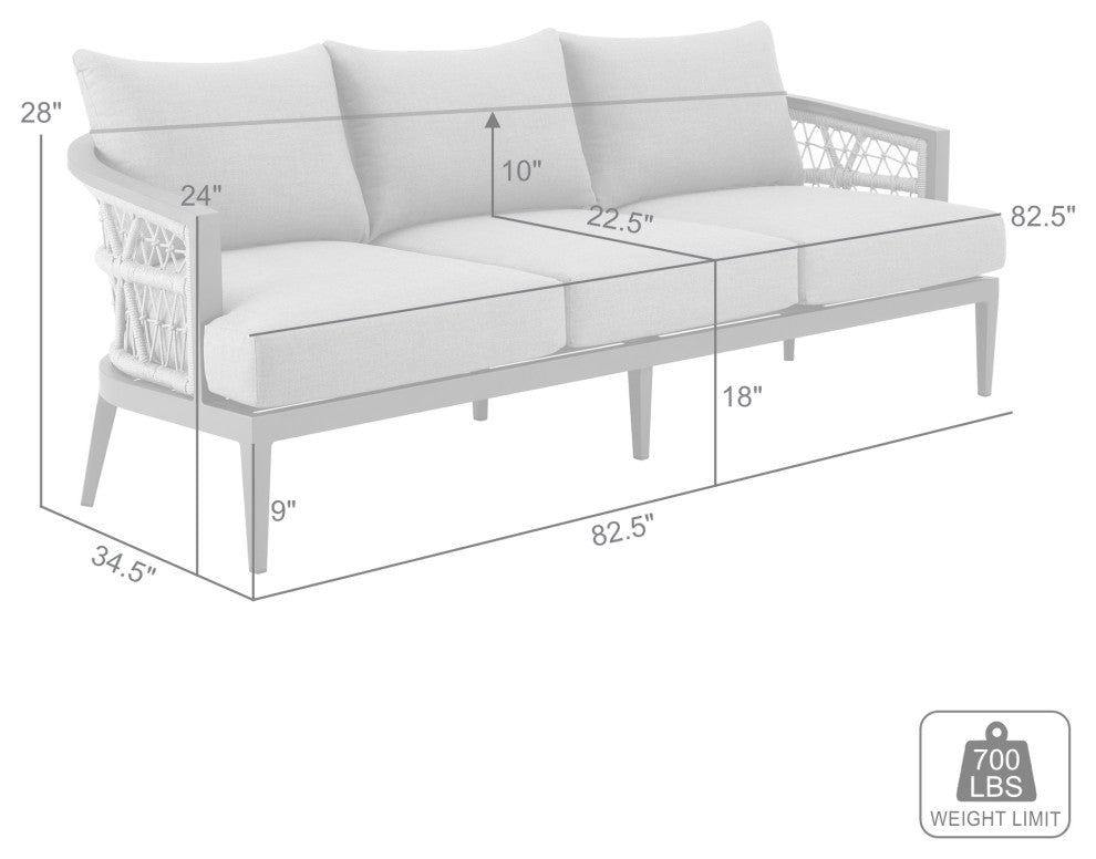 Zella Outdoor Patio Sofa, Aluminum With Light Gray Rope/Earl Gray Cushions