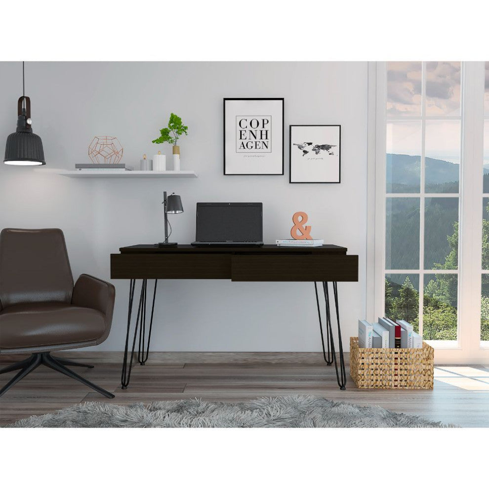 Salamanca Writing Desk with 2 Drawers, Hairpin Legs, Black