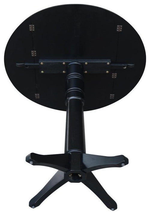 Tall Dining Table, Carved Pedestal Base & Dual Drop Leaf Top, Black