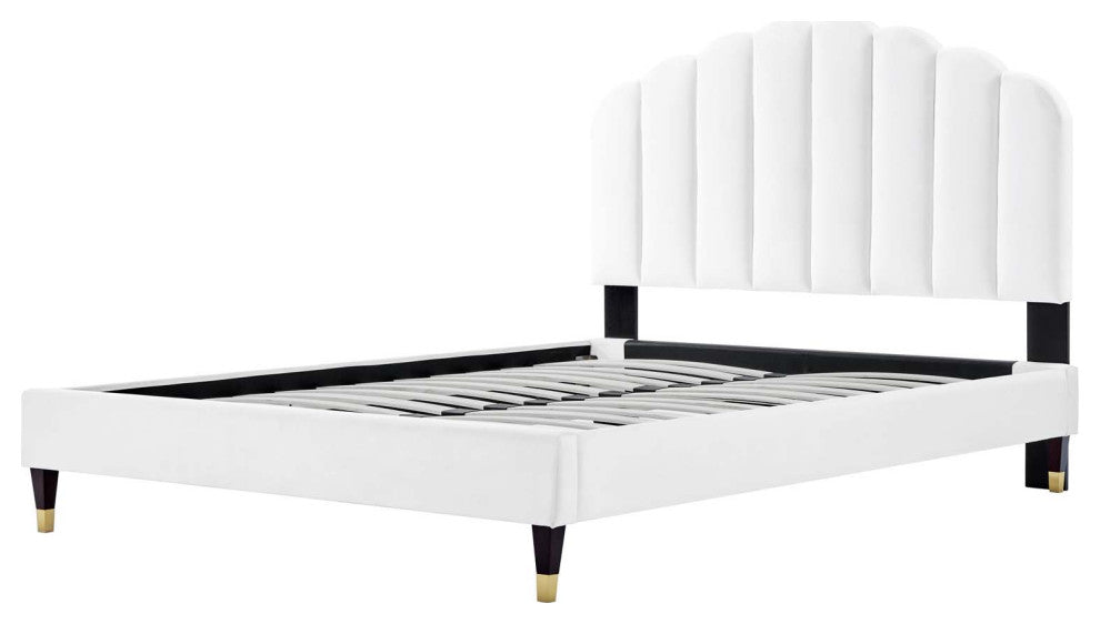 Platform Bed Frame, Queen Size, White, Velvet, Modern, Bedroom Guest Suite