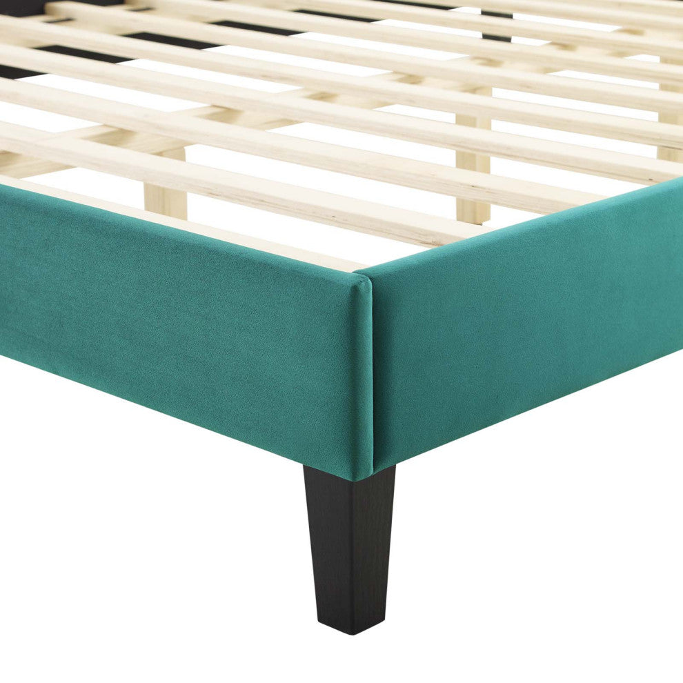 Platform Bed Frame, King Size, Teal Blue, Velvet, Modern, Bedroom Guest Suite
