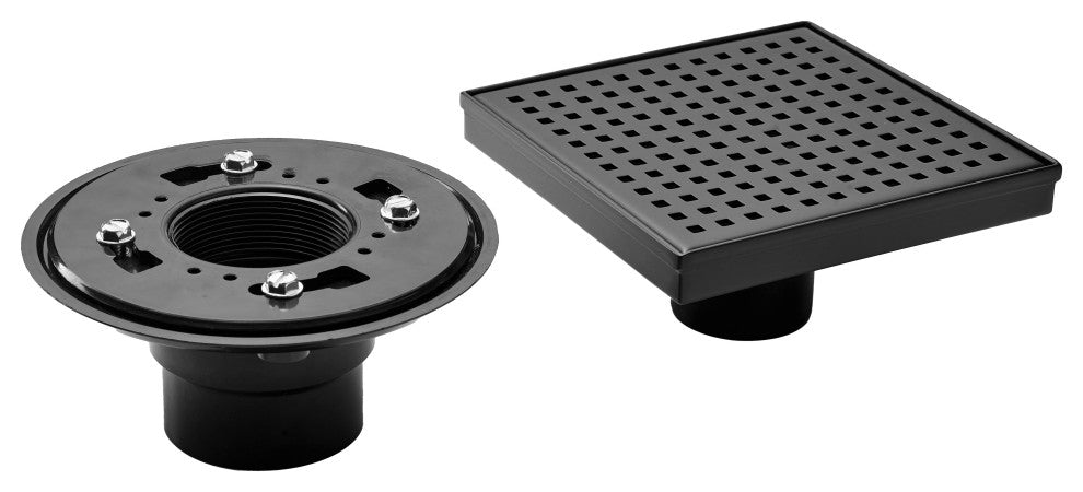 HEATGENE Square Shower Drain With Flat Cover and Base Flange, Matt Black, 4"