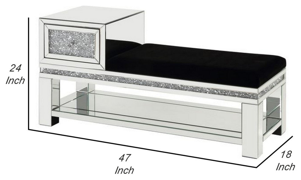 Benzara BM251186 Mirrored Storage Bench With Faux Diamonds/Open Shelf, Silver