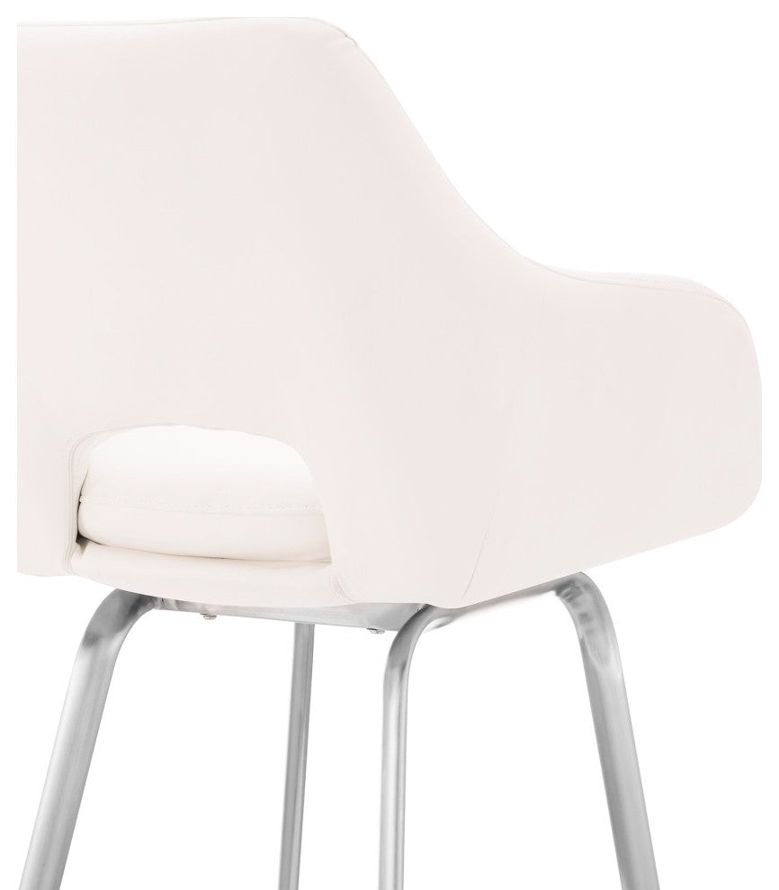 Aura Faux Leather and Metal Bar Stool, Stainless Steel and White, Bar Height, 29-32"
