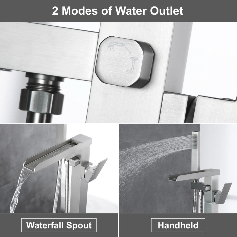 Waterfall Floor Mounted Tub Faucet With Hand Held Shower, Brushed Nickel