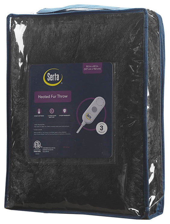 Serta Malea Shaggy Faux Fur Heated Throw, Black