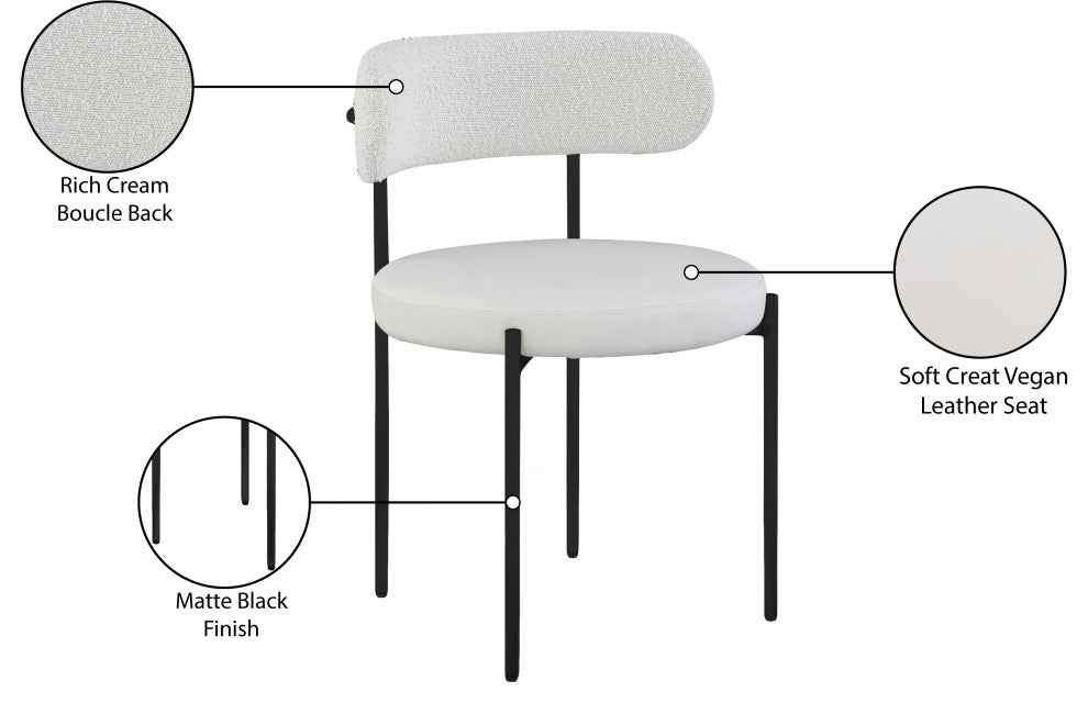 Beacon Dining Chair, Set of 2, Cream, Vegan Leather and Boucle Fabric, Matte Black Finish